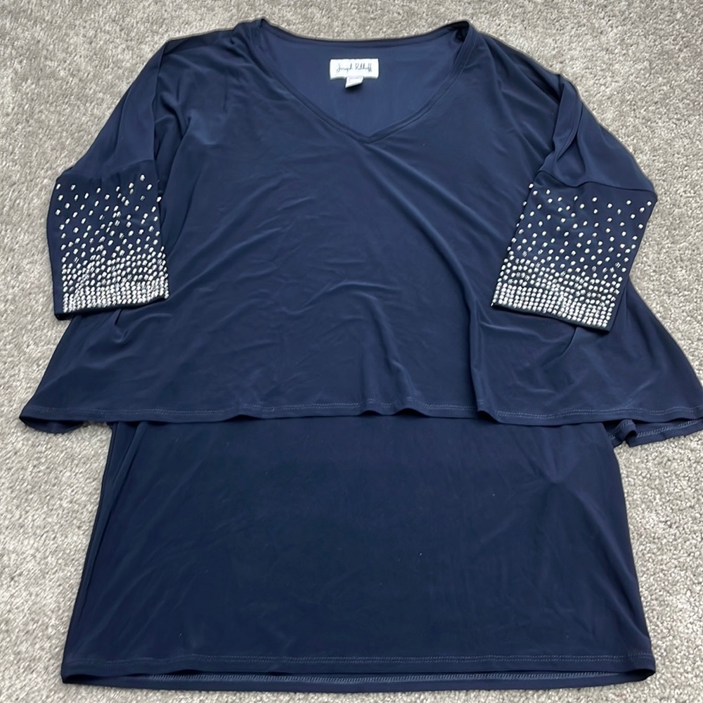 Joseph Ribkoff Dark Blue Layered Stretch Knit Studded Long Tunic Top size 12